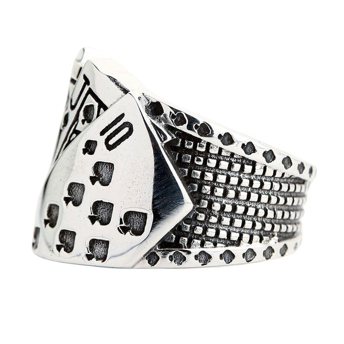 Gothic biker poker ring featuring royal flush of spades