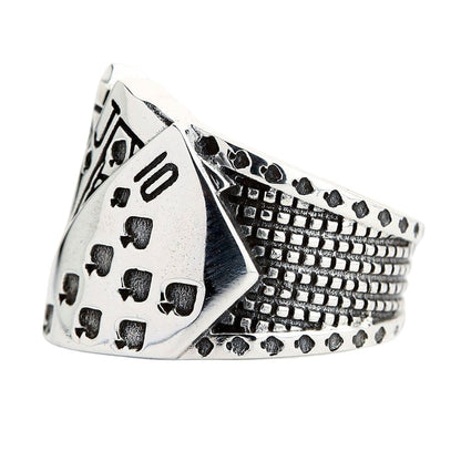 Gothic biker poker ring featuring royal flush of spades
