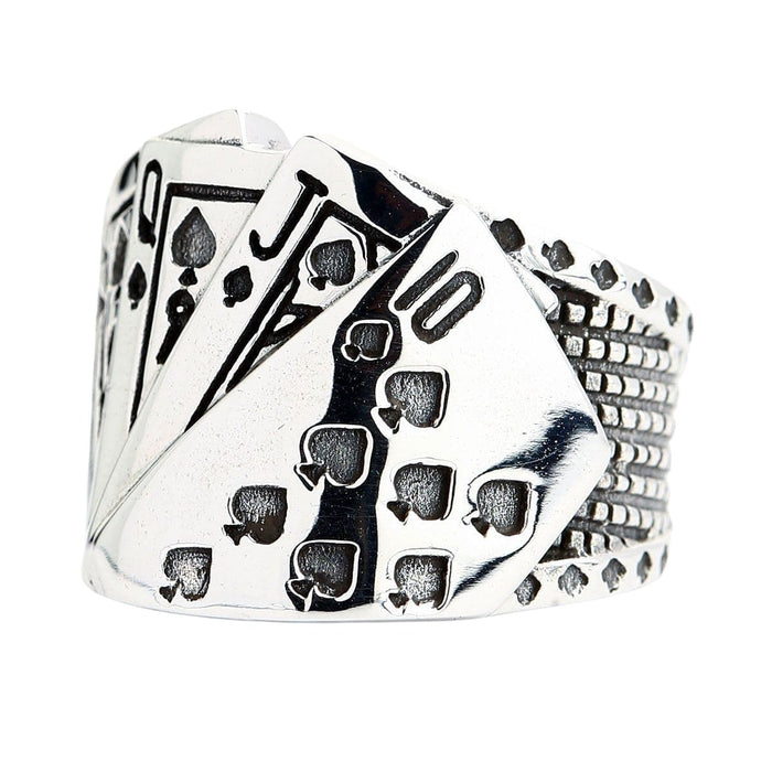 An alternative angle of the biker gambling ring with a Royal Flush of spades.