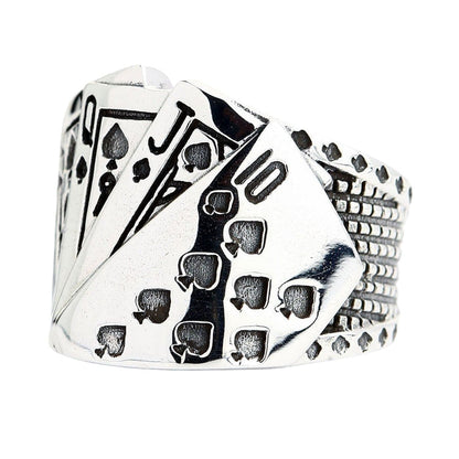 An alternative angle of the biker gambling ring with a Royal Flush of spades.
