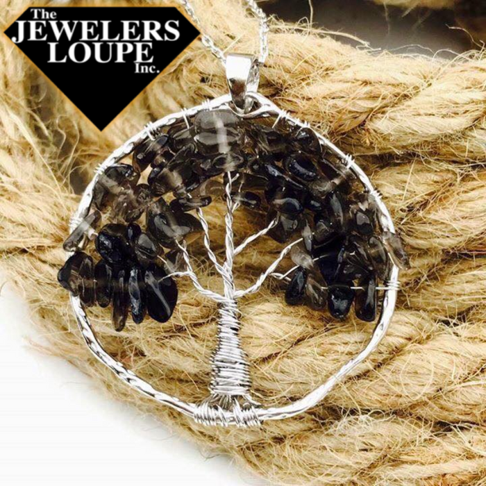 Sterling Silver Tree of Life Smokey Quartz Bead Pendant with 18" Sterling Silver Chain.
