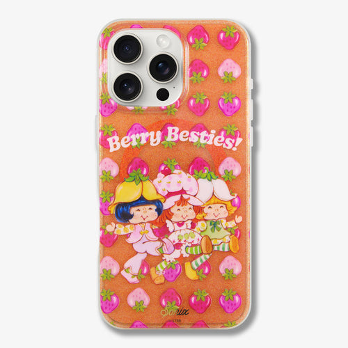 Close-up front of Berry Besties iPhone case with glittery orange background, pink strawberry pattern and Berry Besties text