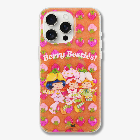 Close-up front of Berry Besties iPhone case with glittery orange background, pink strawberry pattern and Berry Besties text