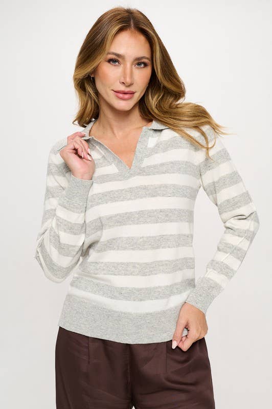 Striped Knit Polo Collar neck Long Sleeve sweater