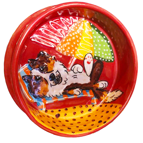 photo of red dog bowl with hand painted sheltie dog lounging on the beach