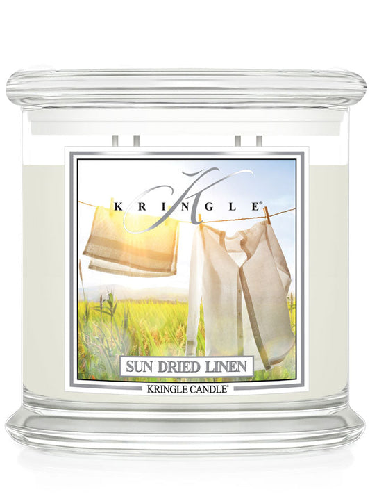Kringle Candle with 'Sun Dried Linen' label on a white background