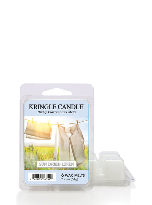 Kringle Candle Sun Dried Linen wax melts packaging with a scenic label on a white background