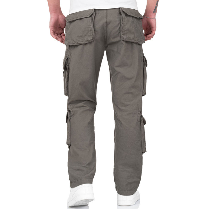 rear of olive surplus airborne vintage slimmy trousers