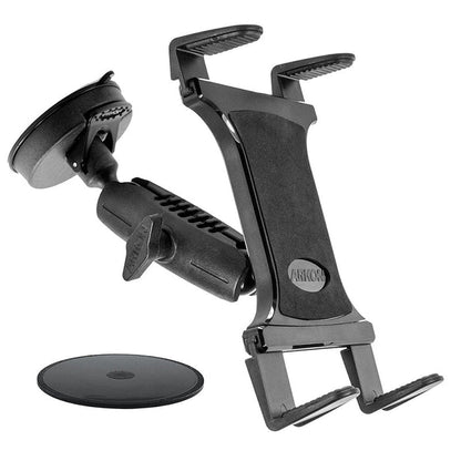 The Slim-Grip® Tablet Holder with Suction Cup Windshield Mount is a black, adjustable cradle for tablets or smartphones, ideal for securing devices on your cars windshield. Shown on a white background.