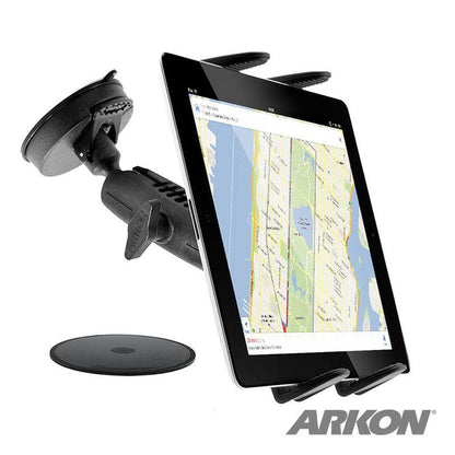 The Slim-Grip® Tablet Holder with Suction Cup Windshield Mount secures a tablet showing a map, making it ideal as a windshield mount. The ARKON logo is visible at the bottom right corner.