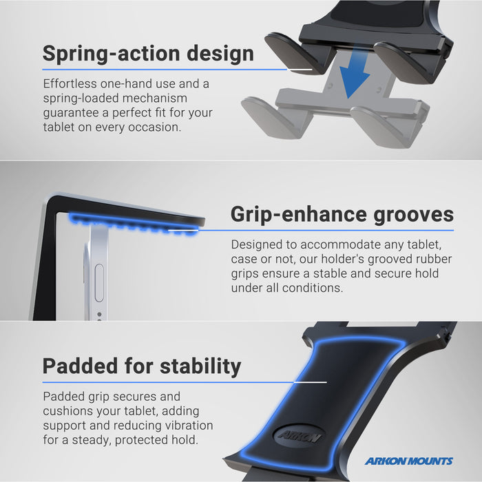 The Slim-Grip® Tablet Holder with Suction Cup Windshield Mount features a spring-action design, grip-enhance grooves for stability, and padded grips for cushioning—shown in close-up views with descriptive text and Arkon Mounts branding.