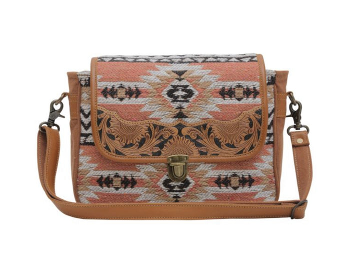 Tapestry and leather shoulder  bag with leather strap