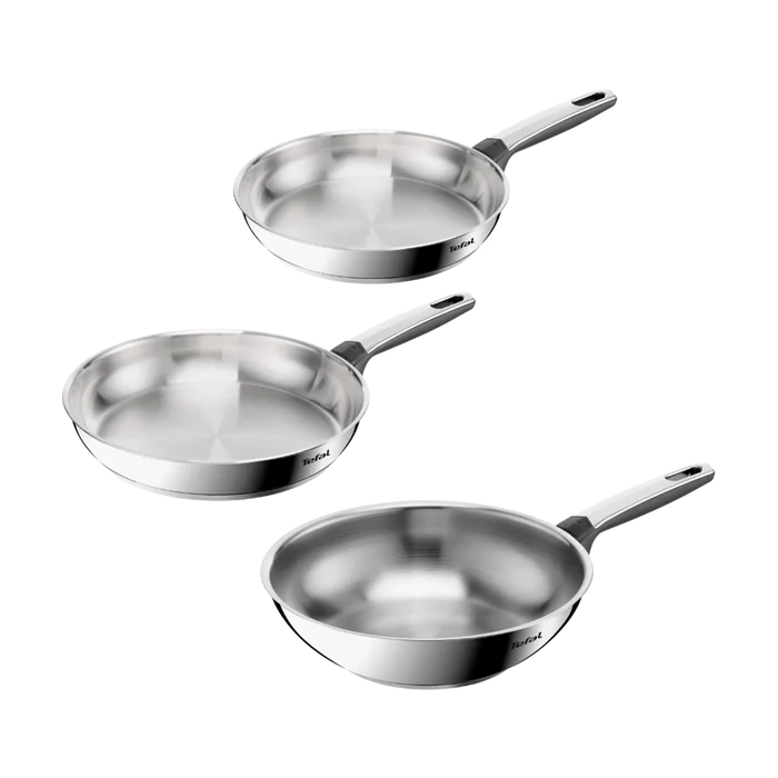 Tefal Emotion+ Induction Stainless Steel Uncoated Triple Pack Frypans 24/30cm & Wok 28cm