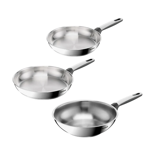 Tefal Emotion+ Induction Stainless Steel Uncoated Triple Pack Frypans 24/30cm & Wok 28cm
