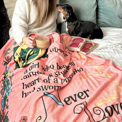 The Ballad of the Archer and the Fox Throw Blanket - The Bean Workshop - blanket, cozy red throw blanket, evangeline fox, fantasy book tapestry, fringe, Jacks and Evangeline, jacks prince of hearts, once upon a broken heart, ouabh, Prince of Hearts, stephanie garber, tapestry, Warm