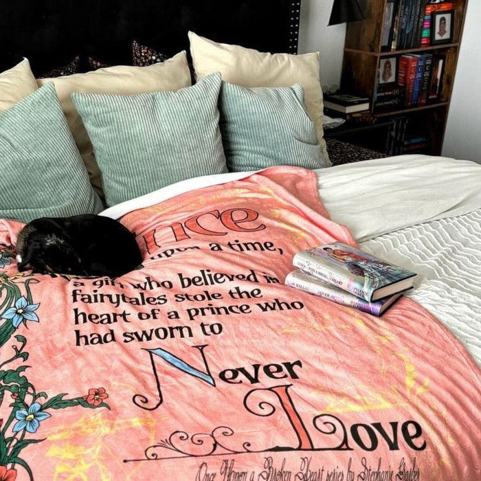 The Ballad of the Archer and the Fox Throw Blanket - The Bean Workshop - blanket, cozy red throw blanket, evangeline fox, fantasy book tapestry, fringe, Jacks and Evangeline, jacks prince of hearts, once upon a broken heart, ouabh, Prince of Hearts, stephanie garber, tapestry, Warm