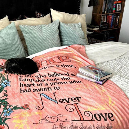 The Ballad of the Archer and the Fox Throw Blanket - The Bean Workshop - blanket, cozy red throw blanket, evangeline fox, fantasy book tapestry, fringe, Jacks and Evangeline, jacks prince of hearts, once upon a broken heart, ouabh, Prince of Hearts, stephanie garber, tapestry, Warm