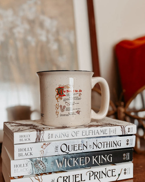 The Folk of the Air Speckled Cream Ceramic Camp Mug - The Bean Workshop - Bestiary Design, Bookish mug, Elfhame, Faeriecore, Fantasy Mug, Folk of the Air coffee cup, Goblincore Aesthetic, Holly Black licensed merchandise, Jude Duarte, Literary Gift, The Cruel Prince mug, Welcome to Elfhame gift for readers