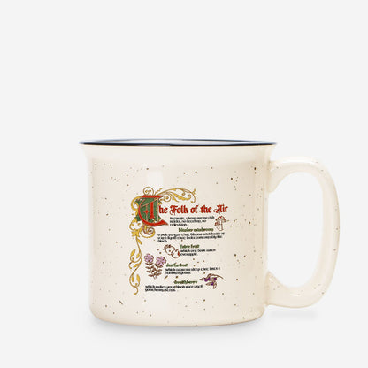 The Folk of the Air Speckled Cream Ceramic Camp Mug - The Bean Workshop - Bestiary Design, Bookish mug, Elfhame, Faeriecore, Fantasy Mug, Folk of the Air coffee cup, Goblincore Aesthetic, Holly Black licensed merchandise, Jude Duarte, Literary Gift, The Cruel Prince mug, Welcome to Elfhame gift for readers