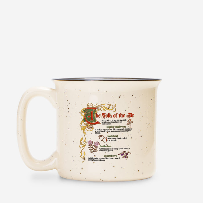 The Folk of the Air Speckled Cream Ceramic Camp Mug - The Bean Workshop - Bestiary Design, Bookish mug, Elfhame, Faeriecore, Fantasy Mug, Folk of the Air coffee cup, Goblincore Aesthetic, Holly Black licensed merchandise, Jude Duarte, Literary Gift, The Cruel Prince mug, Welcome to Elfhame gift for readers