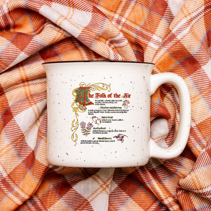 The Folk of the Air Speckled Cream Ceramic Camp Mug - The Bean Workshop - Bestiary Design, Bookish mug, Elfhame, Faeriecore, Fantasy Mug, Folk of the Air coffee cup, Goblincore Aesthetic, Holly Black licensed merchandise, Jude Duarte, Literary Gift, The Cruel Prince mug, Welcome to Elfhame gift for readers