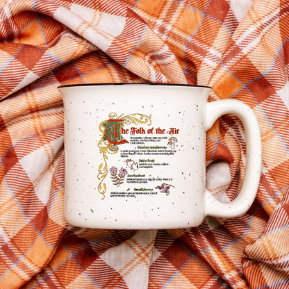The Folk of the Air Speckled Cream Ceramic Camp Mug - The Bean Workshop - Bestiary Design, Bookish mug, Elfhame, Faeriecore, Fantasy Mug, Folk of the Air coffee cup, Goblincore Aesthetic, Holly Black licensed merchandise, Jude Duarte, Literary Gift, The Cruel Prince mug, Welcome to Elfhame gift for readers