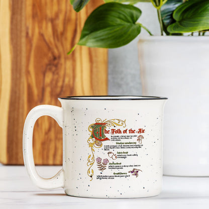 The Folk of the Air Speckled Cream Ceramic Camp Mug - The Bean Workshop - Bestiary Design, Bookish mug, Elfhame, Faeriecore, Fantasy Mug, Folk of the Air coffee cup, Goblincore Aesthetic, Holly Black licensed merchandise, Jude Duarte, Literary Gift, The Cruel Prince mug, Welcome to Elfhame gift for readers