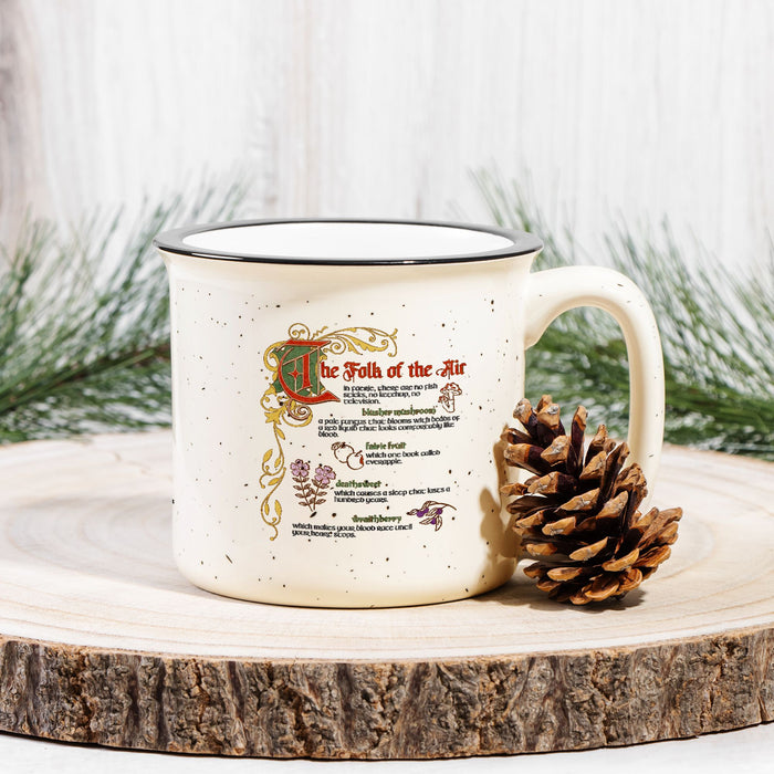 The Folk of the Air Speckled Cream Ceramic Camp Mug - The Bean Workshop - Bestiary Design, Bookish mug, Elfhame, Faeriecore, Fantasy Mug, Folk of the Air coffee cup, Goblincore Aesthetic, Holly Black licensed merchandise, Jude Duarte, Literary Gift, The Cruel Prince mug, Welcome to Elfhame gift for readers
