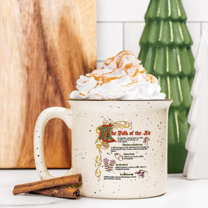 The Folk of the Air Speckled Cream Ceramic Camp Mug - The Bean Workshop - Bestiary Design, Bookish mug, Elfhame, Faeriecore, Fantasy Mug, Folk of the Air coffee cup, Goblincore Aesthetic, Holly Black licensed merchandise, Jude Duarte, Literary Gift, The Cruel Prince mug, Welcome to Elfhame gift for readers
