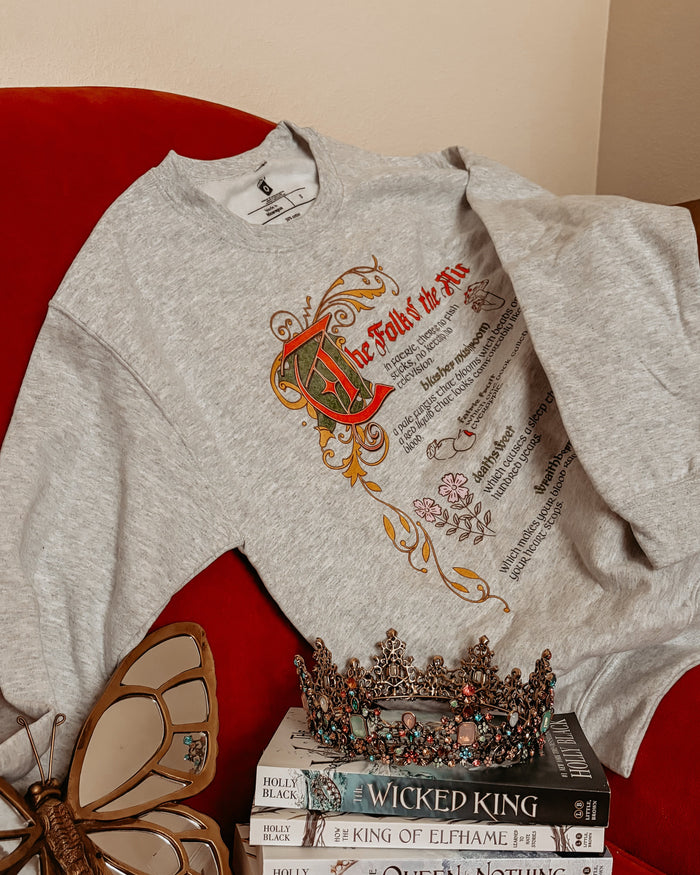 The Folk of the Air Sweatshirt - The Bean Workshop - Bestiary Design, Bookish Sweatshirt, Cardan Greenbriar, Cozy fantasy clothing, Dark Fantasy, Elfhame merch, Faeriecore, Folk of the Air sweater for readers, Goblincore Aesthetic, Holly Black licensed apparel, Jude Duarte, Literary Gift, The Cruel Prince sweatshirt