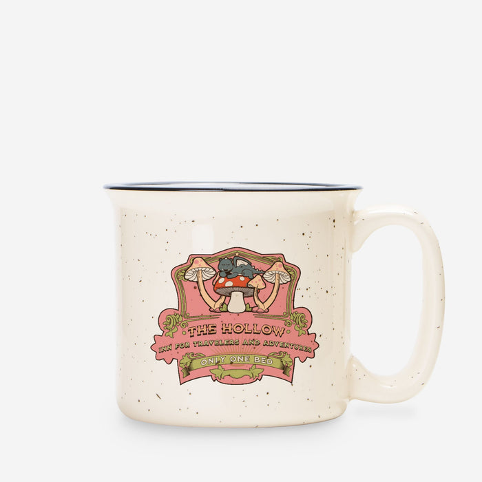The Hollow Ceramic Camp Mug Speckled Cream 13oz - The Bean Workshop - camping cup for readers, Mushroom illustration, Only One Bed trope merch, ouabh, outdoor drinkware, stephanie garber, Stephanie Garber merch, Stephanie Garber Once Upon a Broken Heart, Vintage Inn design, Whimsical