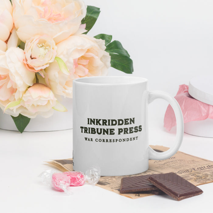 The Inkridden Tribune Press Mug - The Bean Workshop - Book Lover Mug, Bookish mug, Dark Academia Aesthetic, Divine Rivals, Divine Rivals mug, Fantasy Book Merch, Inkridden Tribune gift for readers, Iris Winnow, Letters of Enchantment, Letters of Enchantment merch, Literary Gift, Rebecca Ross, Rebecca Ross coffee cup, Vintage Newspaper, War Correspondent, Writer Gift