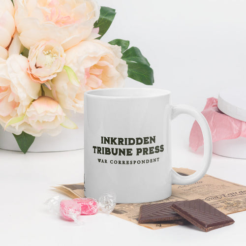 The Inkridden Tribune Press Mug - The Bean Workshop - Book Lover Mug, Bookish mug, Dark Academia Aesthetic, Divine Rivals, Divine Rivals mug, Fantasy Book Merch, Inkridden Tribune gift for readers, Iris Winnow, Letters of Enchantment, Letters of Enchantment merch, Literary Gift, Rebecca Ross, Rebecca Ross coffee cup, Vintage Newspaper, War Correspondent, Writer Gift