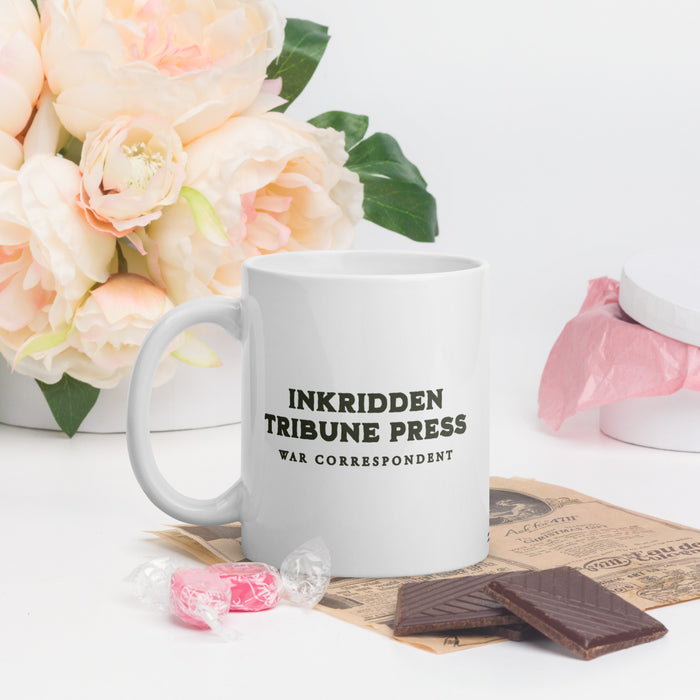 The Inkridden Tribune Press Mug - The Bean Workshop - Book Lover Mug, Bookish mug, Dark Academia Aesthetic, Divine Rivals, Divine Rivals mug, Fantasy Book Merch, Inkridden Tribune gift for readers, Iris Winnow, Letters of Enchantment, Letters of Enchantment merch, Literary Gift, Rebecca Ross, Rebecca Ross coffee cup, Vintage Newspaper, War Correspondent, Writer Gift