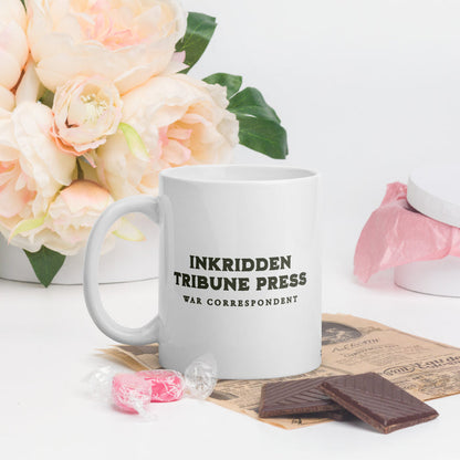 The Inkridden Tribune Press Mug - The Bean Workshop - Book Lover Mug, Bookish mug, Dark Academia Aesthetic, Divine Rivals, Divine Rivals mug, Fantasy Book Merch, Inkridden Tribune gift for readers, Iris Winnow, Letters of Enchantment, Letters of Enchantment merch, Literary Gift, Rebecca Ross, Rebecca Ross coffee cup, Vintage Newspaper, War Correspondent, Writer Gift