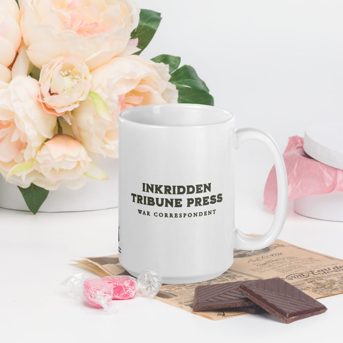 The Inkridden Tribune Press Mug - The Bean Workshop - Book Lover Mug, Bookish mug, Dark Academia Aesthetic, Divine Rivals, Divine Rivals mug, Fantasy Book Merch, Inkridden Tribune gift for readers, Iris Winnow, Letters of Enchantment, Letters of Enchantment merch, Literary Gift, Rebecca Ross, Rebecca Ross coffee cup, Vintage Newspaper, War Correspondent, Writer Gift