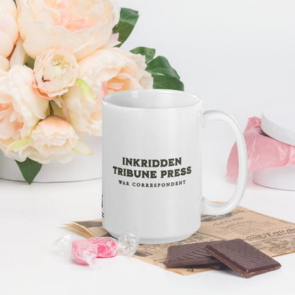 The Inkridden Tribune Press Mug - The Bean Workshop - Book Lover Mug, Bookish mug, Dark Academia Aesthetic, Divine Rivals, Divine Rivals mug, Fantasy Book Merch, Inkridden Tribune gift for readers, Iris Winnow, Letters of Enchantment, Letters of Enchantment merch, Literary Gift, Rebecca Ross, Rebecca Ross coffee cup, Vintage Newspaper, War Correspondent, Writer Gift