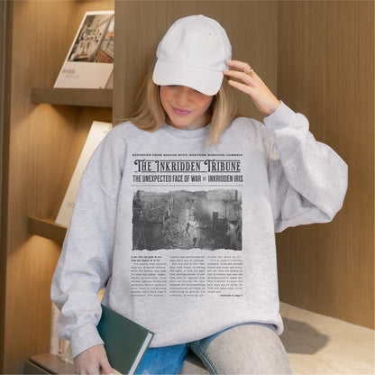 The Inkridden Tribune The Unexpected Face of War Sweatshirt - The Bean Workshop - Bookish Clothing, Bookworm Apparel, Cozy Reader Gift, Dark Academia sweatshirt, Divine Rivals, Divine Rivals sweatshirt, Fantasy Book Merch, Inkridden Tribune apparel for readers, Iris Winnow, Letters of Enchantment, Letters of Enchantment merch, Literary Quote, Rebecca Ross, Rebecca Ross cozy sweater, Roman Kitt, sweatshirt, Vintage Newspaper