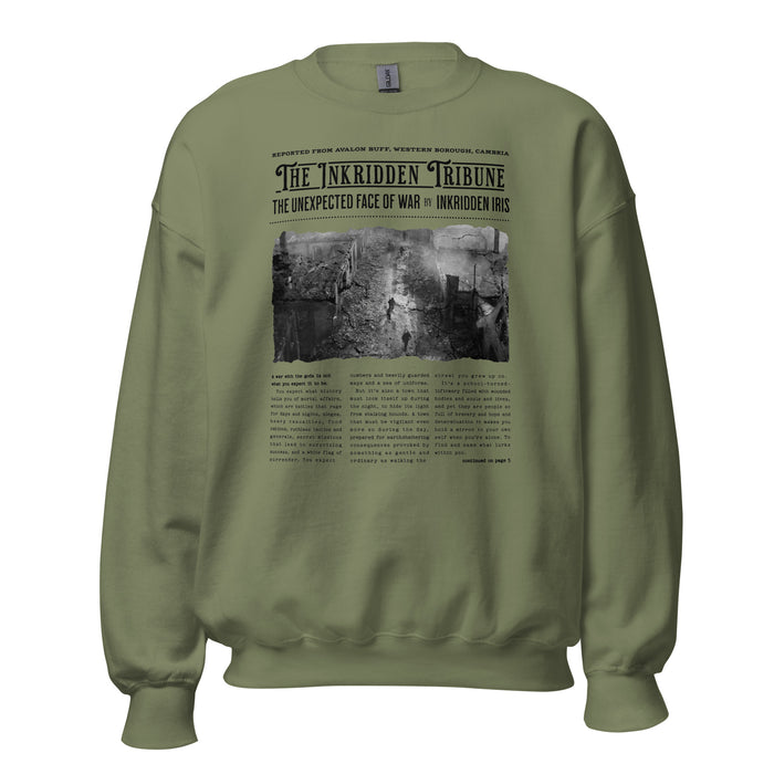 The Inkridden Tribune The Unexpected Face of War Sweatshirt - The Bean Workshop - Bookish Clothing, Bookworm Apparel, Cozy Reader Gift, Dark Academia sweatshirt, Divine Rivals, Divine Rivals sweatshirt, Fantasy Book Merch, Inkridden Tribune apparel for readers, Iris Winnow, Letters of Enchantment, Letters of Enchantment merch, Literary Quote, Rebecca Ross, Rebecca Ross cozy sweater, Roman Kitt, sweatshirt, Vintage Newspaper