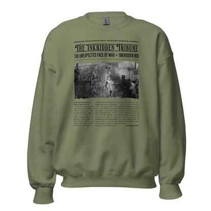 The Inkridden Tribune The Unexpected Face of War Sweatshirt - The Bean Workshop - Bookish Clothing, Bookworm Apparel, Cozy Reader Gift, Dark Academia sweatshirt, Divine Rivals, Divine Rivals sweatshirt, Fantasy Book Merch, Inkridden Tribune apparel for readers, Iris Winnow, Letters of Enchantment, Letters of Enchantment merch, Literary Quote, Rebecca Ross, Rebecca Ross cozy sweater, Roman Kitt, sweatshirt, Vintage Newspaper