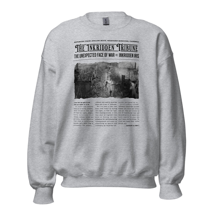 The Inkridden Tribune The Unexpected Face of War Sweatshirt - The Bean Workshop - Bookish Clothing, Bookworm Apparel, Cozy Reader Gift, Dark Academia sweatshirt, Divine Rivals, Divine Rivals sweatshirt, Fantasy Book Merch, Inkridden Tribune apparel for readers, Iris Winnow, Letters of Enchantment, Letters of Enchantment merch, Literary Quote, Rebecca Ross, Rebecca Ross cozy sweater, Roman Kitt, sweatshirt, Vintage Newspaper