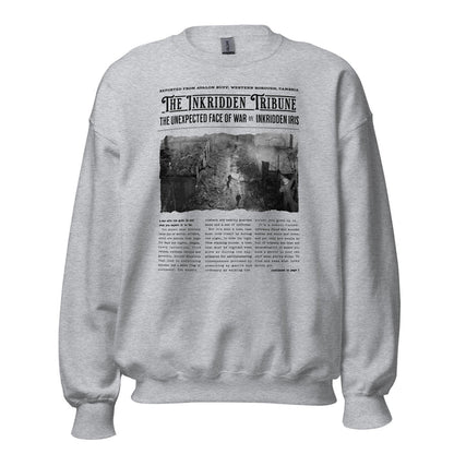 The Inkridden Tribune The Unexpected Face of War Sweatshirt - The Bean Workshop - Bookish Clothing, Bookworm Apparel, Cozy Reader Gift, Dark Academia sweatshirt, Divine Rivals, Divine Rivals sweatshirt, Fantasy Book Merch, Inkridden Tribune apparel for readers, Iris Winnow, Letters of Enchantment, Letters of Enchantment merch, Literary Quote, Rebecca Ross, Rebecca Ross cozy sweater, Roman Kitt, sweatshirt, Vintage Newspaper