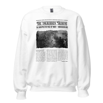 The Inkridden Tribune The Unexpected Face of War Sweatshirt - The Bean Workshop - Bookish Clothing, Bookworm Apparel, Cozy Reader Gift, Dark Academia sweatshirt, Divine Rivals, Divine Rivals sweatshirt, Fantasy Book Merch, Inkridden Tribune apparel for readers, Iris Winnow, Letters of Enchantment, Letters of Enchantment merch, Literary Quote, Rebecca Ross, Rebecca Ross cozy sweater, Roman Kitt, sweatshirt, Vintage Newspaper