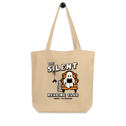 The Silent Reading Club Organic Cotton Twill Tote Bag - The Bean Workshop - book lover tote, bookstore bag, bookworm bag, canvas tote, ghost tote, Halloween tote bag, introvert tote, library tote, literary tote, reading bag, reusable shopping bag, shhh i'm reading bag, silent reading club tote, spooky season accessory, unique gift for readers