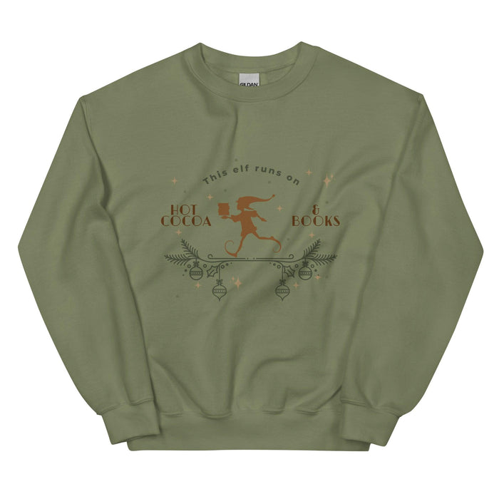 This Elf Runs on Hot Cocoa and Books Sweatshirt - The Bean Workshop - bookish, Christmas, elf, sweater, sweatshirt