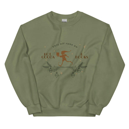 This Elf Runs on Hot Cocoa and Books Sweatshirt - The Bean Workshop - bookish, Christmas, elf, sweater, sweatshirt