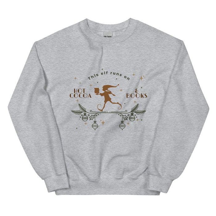 This Elf Runs on Hot Cocoa and Books Sweatshirt - The Bean Workshop - bookish, Christmas, elf, sweater, sweatshirt