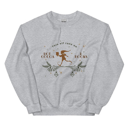 This Elf Runs on Hot Cocoa and Books Sweatshirt - The Bean Workshop - bookish, Christmas, elf, sweater, sweatshirt