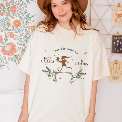 This Elf Runs on Hot Cocoa and Books Tee Shirt - The Bean Workshop - book lover, bookish, box tee, christmas