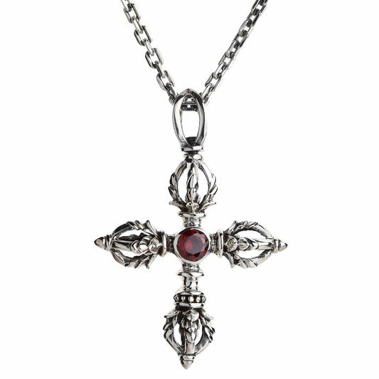 Double dorje sterling silver pendant on a cable chain with a ruby-red CZ stone at the center
